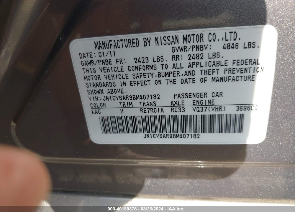 2011 INFINITI G37X VIN: JN1CV6AR9BM407182