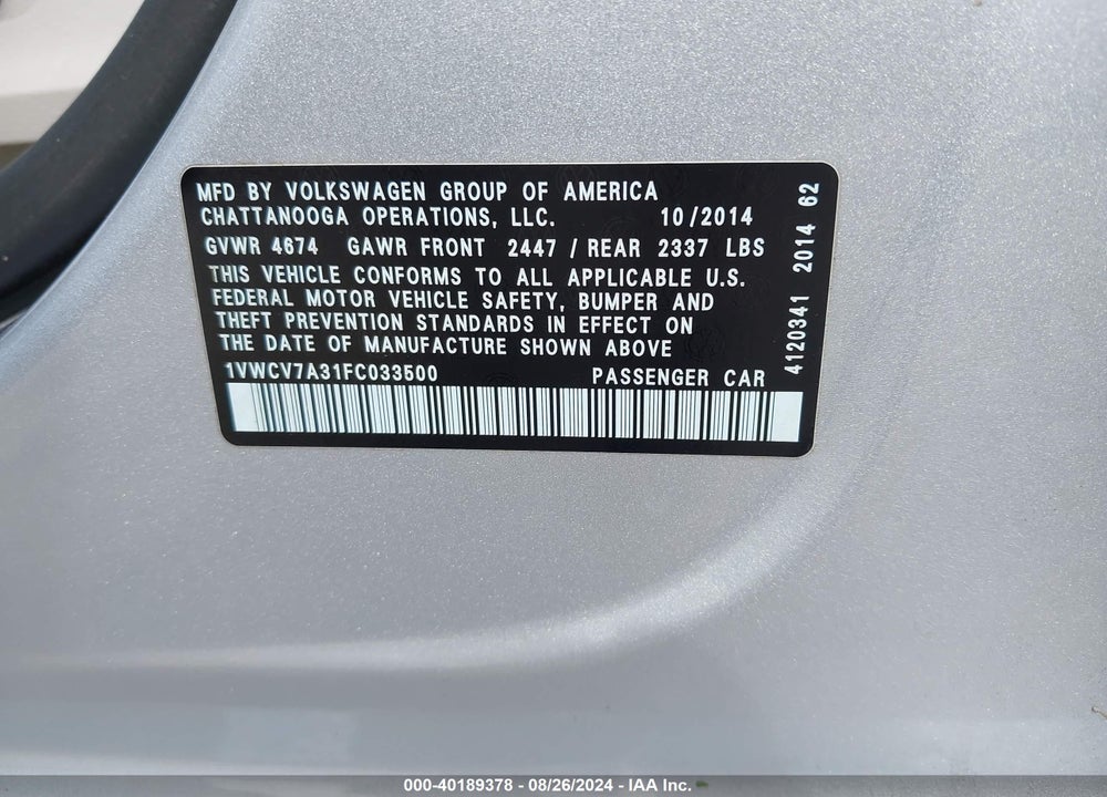 2015 VOLKSWAGEN PASSAT 2.0L TDI SEL PREMIUM VIN: 1VWCV7A31FC033500