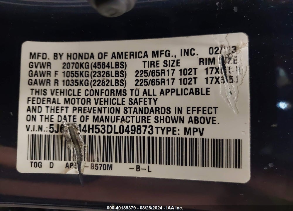 2013 HONDA CR-V EX VIN: 5J6RM4H53DL049873
