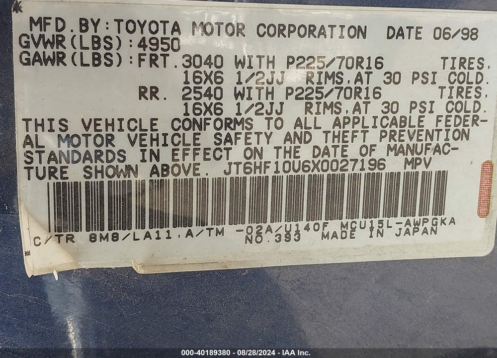 1999 LEXUS RX 300 VIN: JT6HF10U6X0027196
