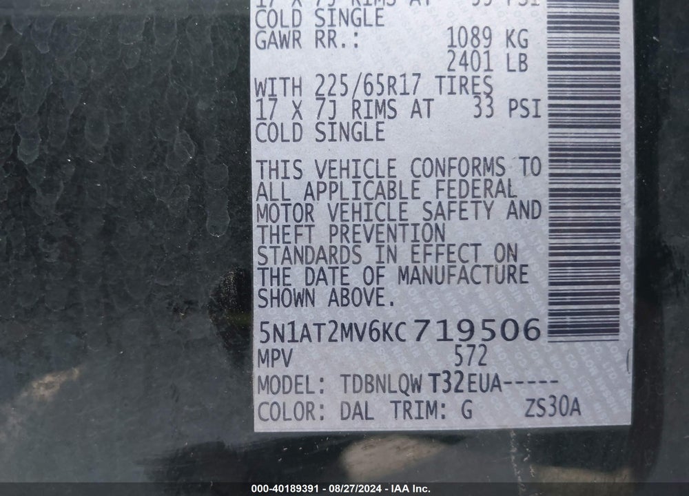 2019 NISSAN ROGUE SV VIN: 5N1AT2MV6KC719506