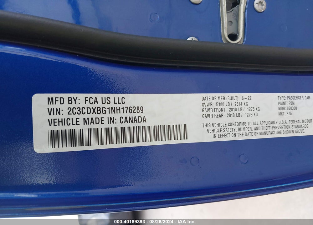 2022 DODGE CHARGER SXT RWD VIN: 2C3CDXBG1NH176289