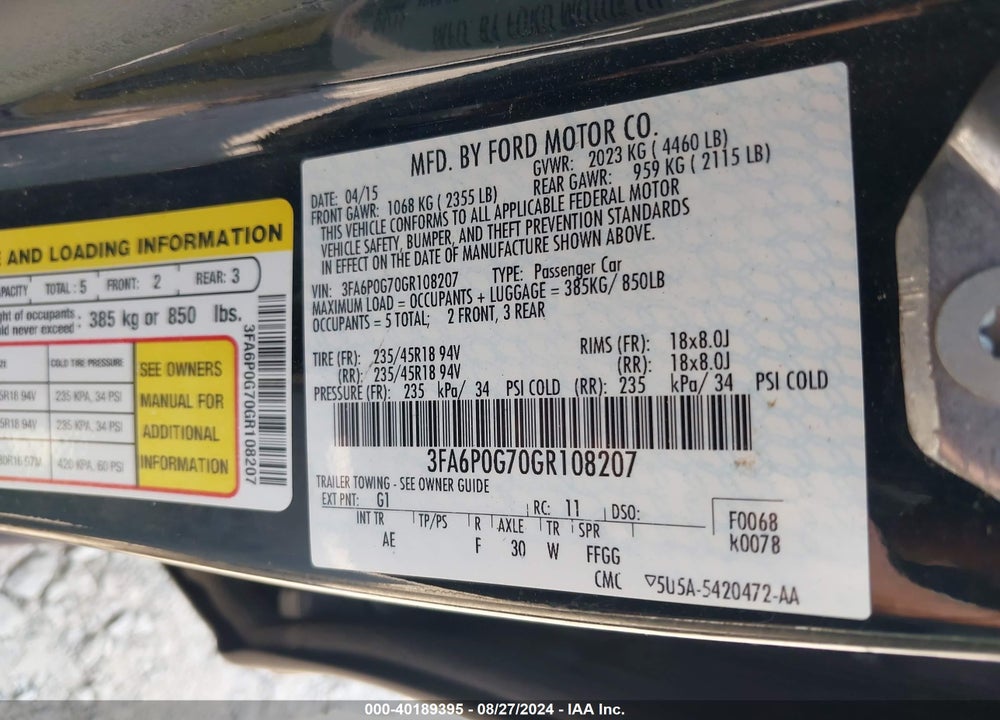 2016 FORD FUSION S VIN: 3FA6P0G70GR108207