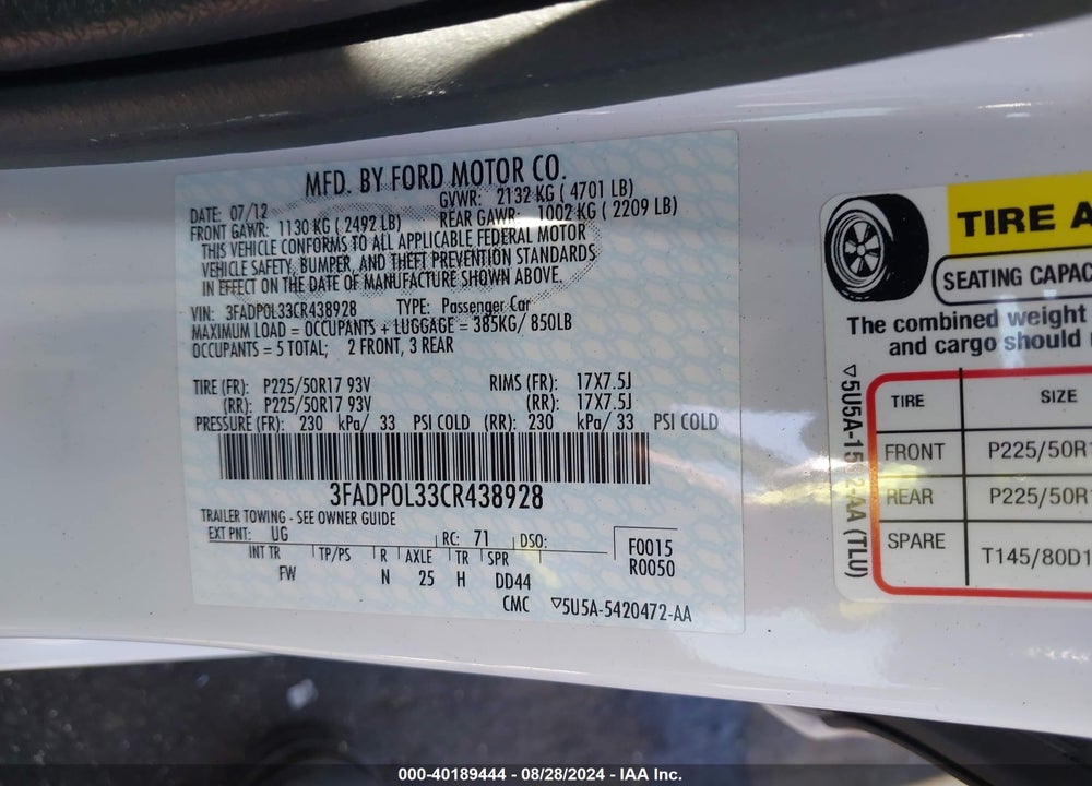 2012 FORD FUSION HYBRID VIN: 3FADP0L33CR438928