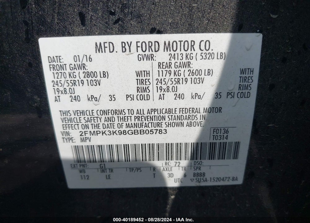 2016 FORD EDGE TITANIUM VIN: 2FMPK3K98GBB05783