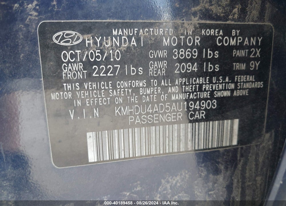 2010 HYUNDAI ELANTRA GLS VIN: KMHDU4AD5AU194903
