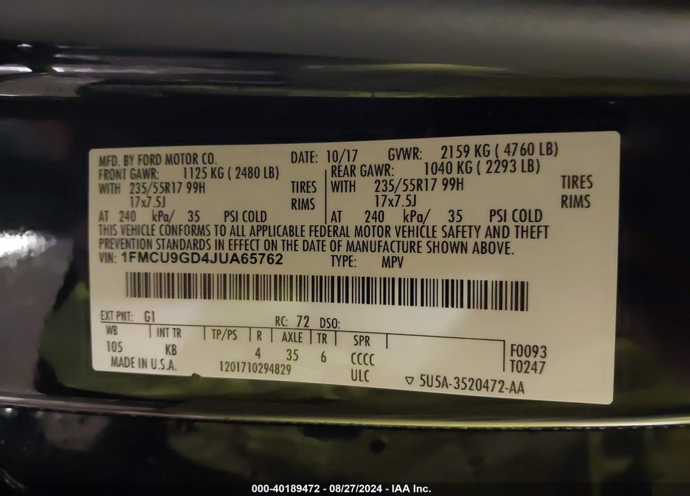 2018 FORD ESCAPE SE VIN: 1FMCU9GD4JUA65762