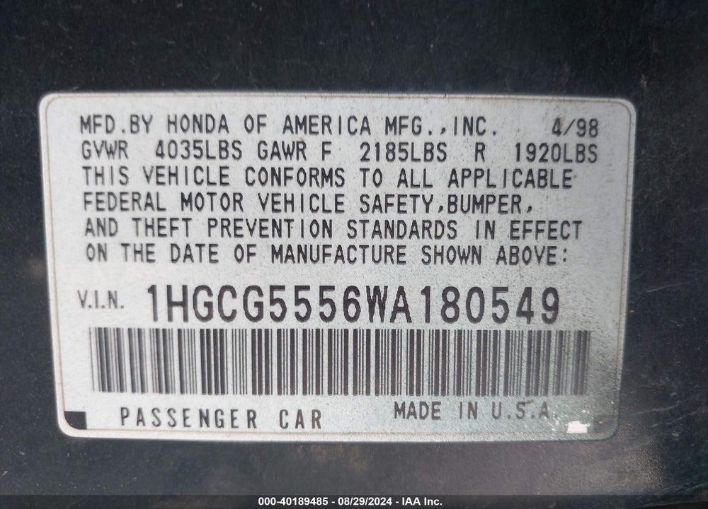 1998 HONDA ACCORD EX VIN: 1HGCG5556WA180549