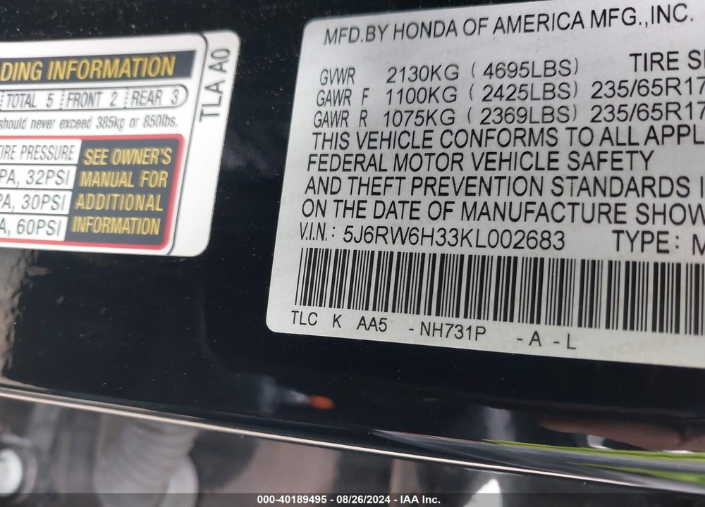 2019 HONDA CR-V LX VIN: 5J6RW6H33KL002683