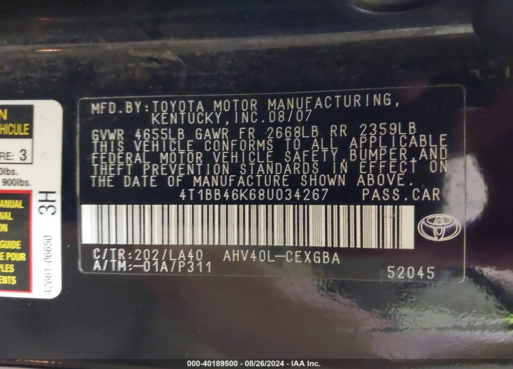 2008 TOYOTA CAMRY HYBRID VIN: 4T1BB46K68U034267