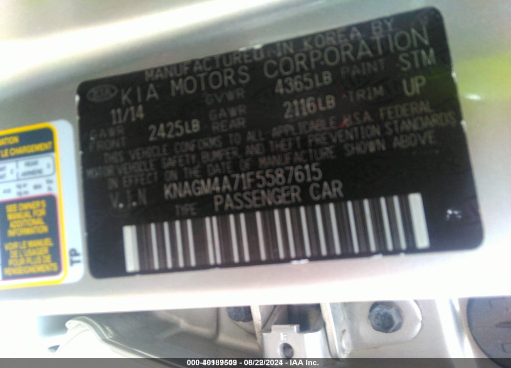 2015 KIA OPTIMA VIN: KNAGM4A71F5587615
