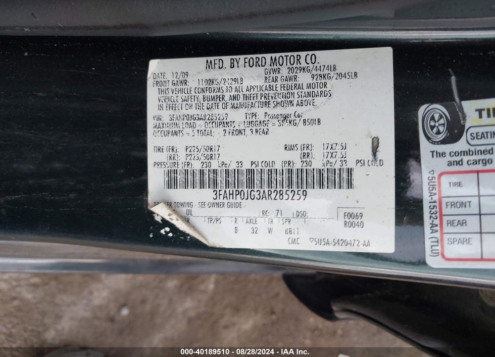 2010 FORD FUSION SEL VIN: 3FAHP0JG3AR285259