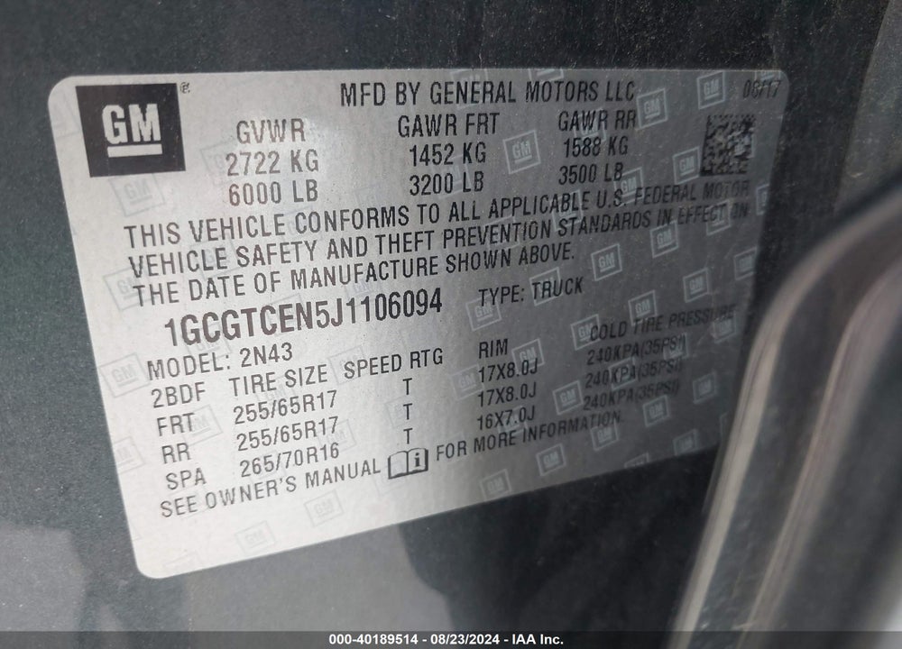 2018 CHEVROLET COLORADO LT VIN: 1GCGTCEN5J1106094