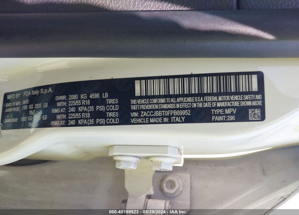2015 JEEP RENEGADE LATITUDE VIN: ZACCJBBT0FPB69952
