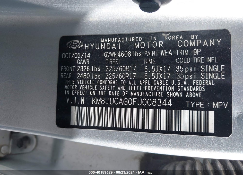 2015 HYUNDAI TUCSON SE VIN: KM8JUCAG0FU008344