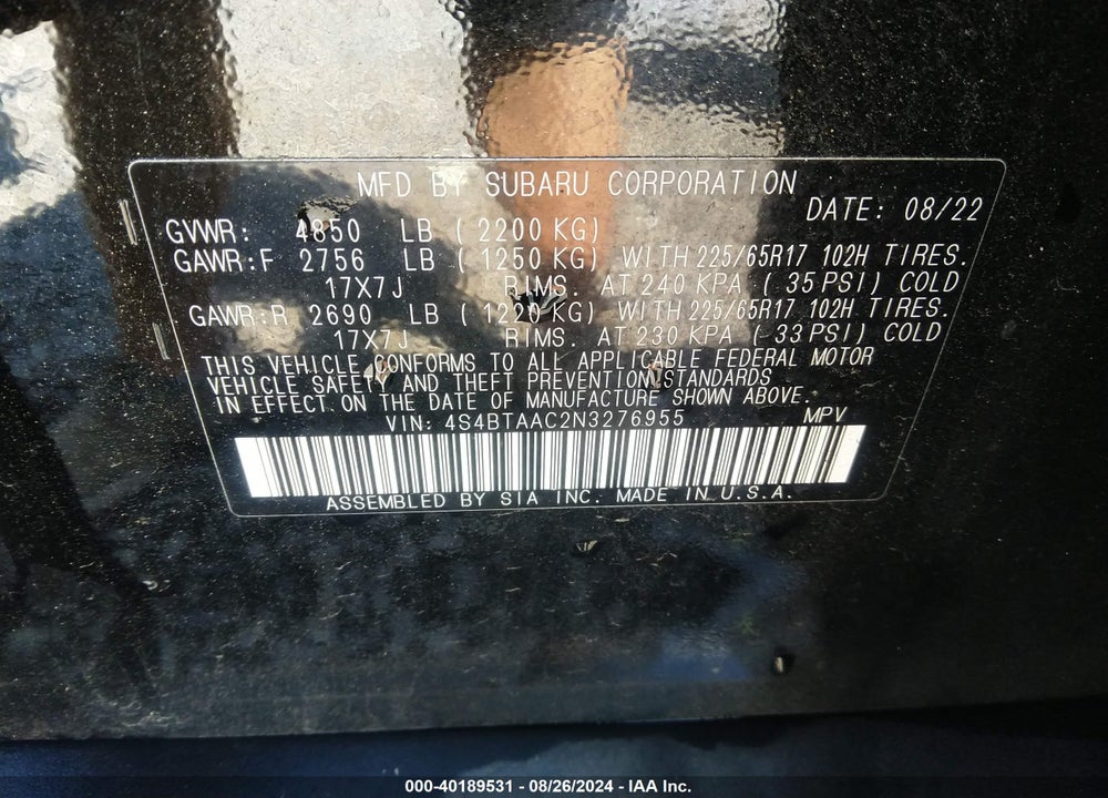 2022 SUBARU OUTBACK VIN: 4S4BTAAC2N3276955
