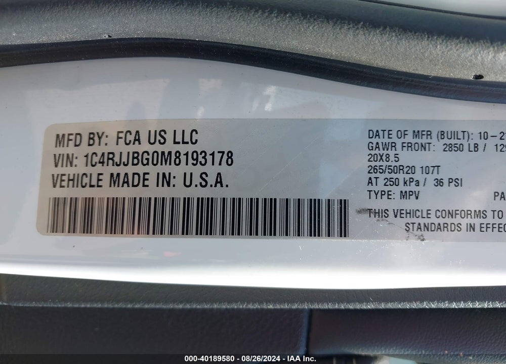 2021 JEEP GRAND CHEROKEE L LIMITED 4X2 VIN: 1C4RJJBG0M8193178