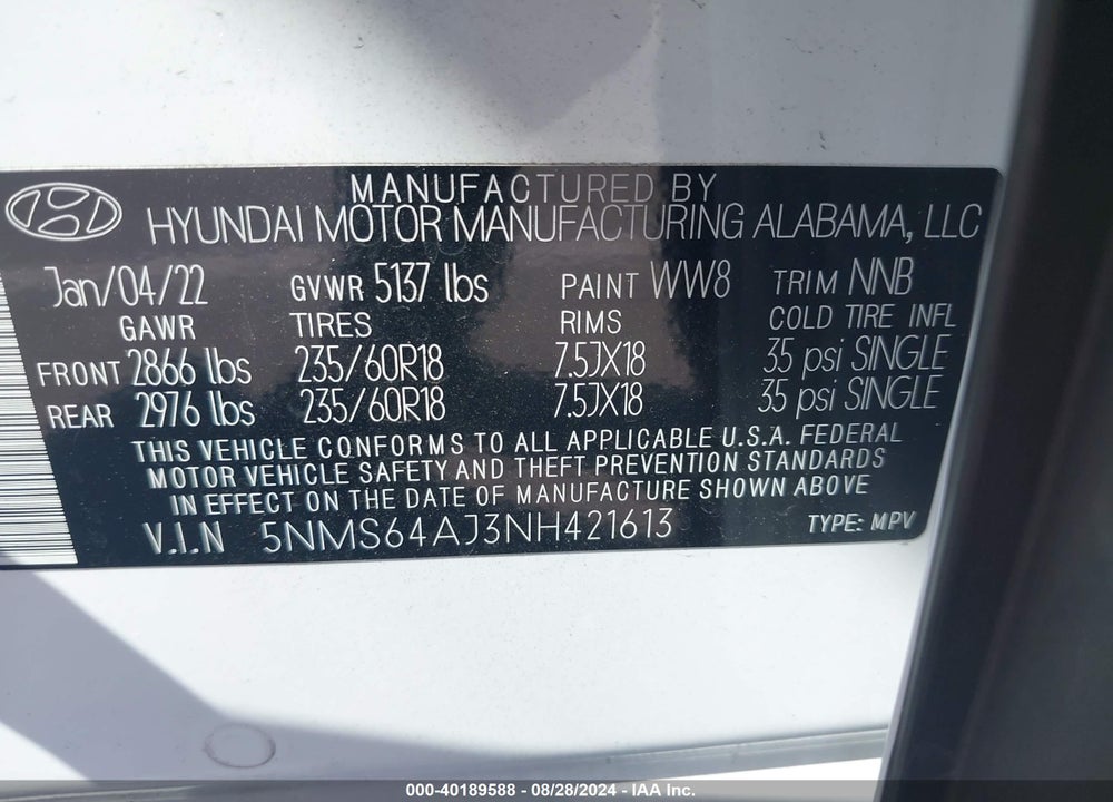 2022 HYUNDAI SANTA FE XRT VIN: 5NMS64AJ3NH421613