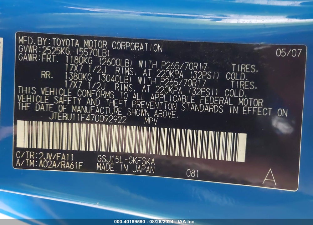 2007 TOYOTA FJ CRUISER VIN: JTEBU11F470092922
