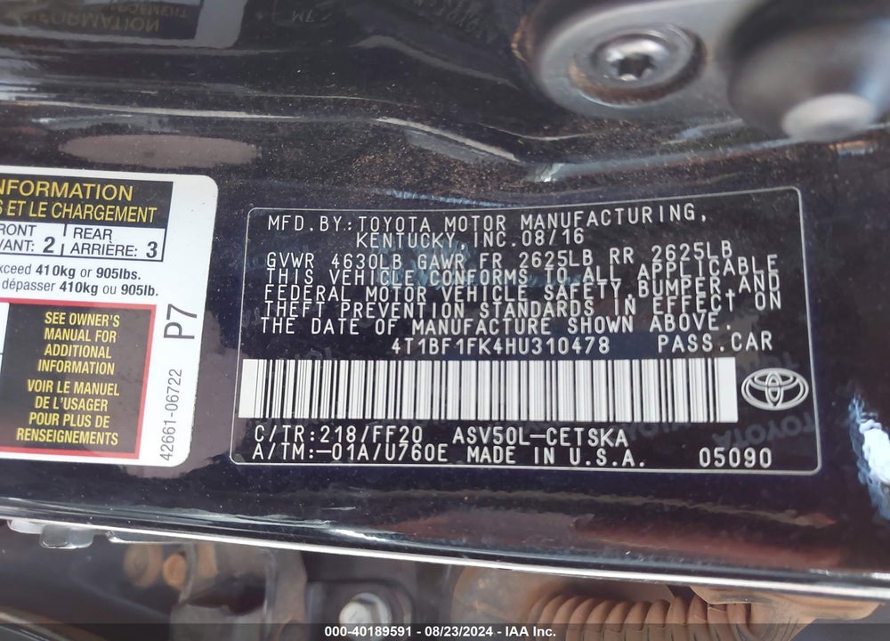 2017 TOYOTA CAMRY SE VIN: 4T1BF1FK4HU310478