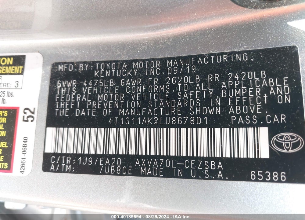 2020 TOYOTA CAMRY SE VIN: 4T1G11AK2LU867801