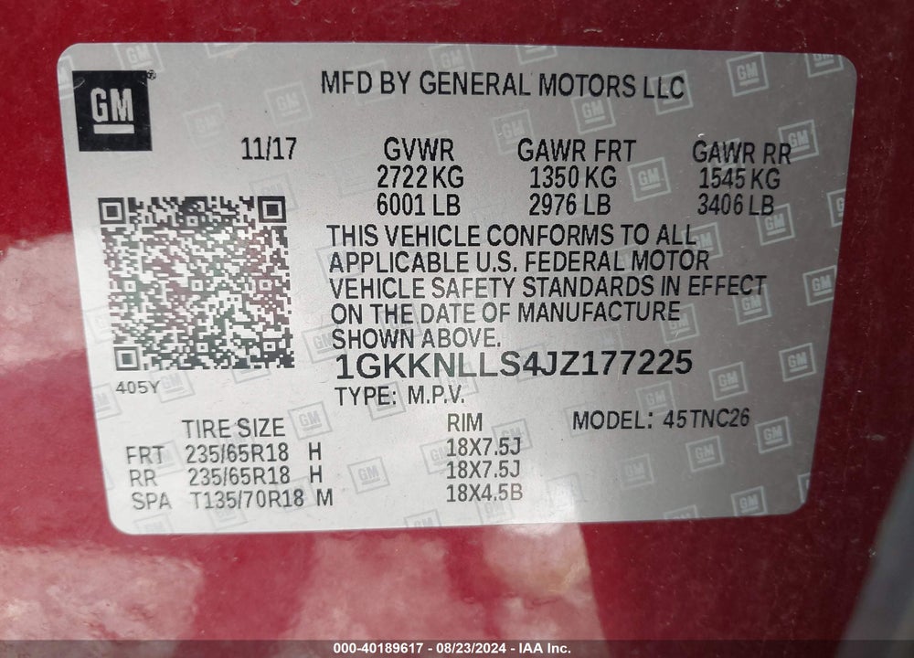 2018 GMC ACADIA SLE-2 VIN: 1GKKNLLS4JZ177225