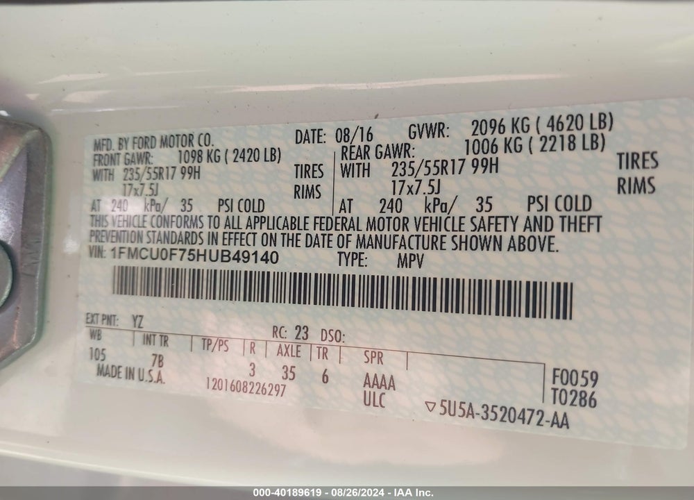 2017 FORD ESCAPE VIN: 1FMCU0F75HUB49140