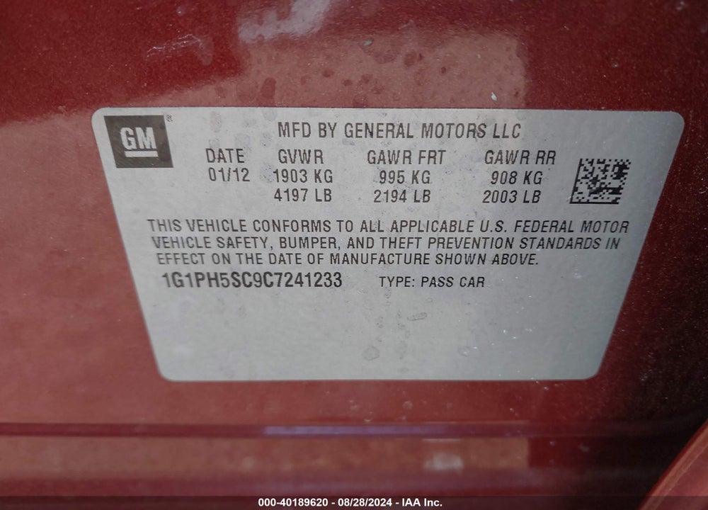 2012 CHEVROLET CRUZE VIN: 1G1PH5SC9C7241233