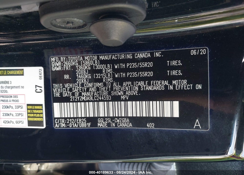 2020 LEXUS RX 350 F SPORT PERFORMANCE VIN: 2T2YZMDA9LC244593