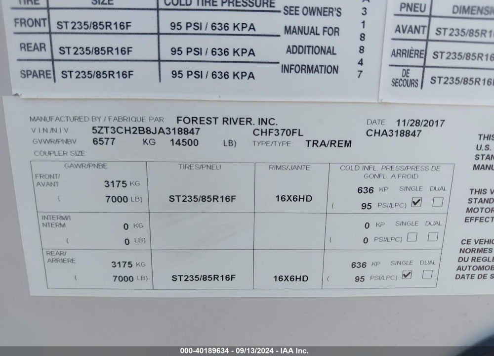 2018 FOREST RIVER CHAPARRAL VIN: 5ZT3CH2B8JA318847