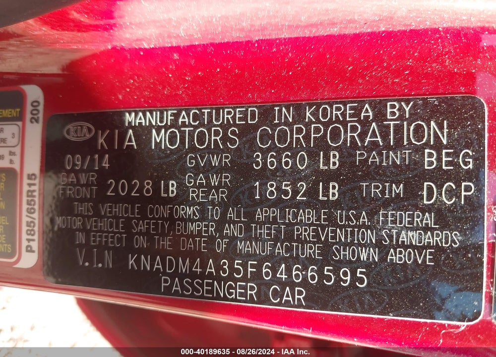 2015 KIA RIO LX VIN: KNADM4A35F6466595