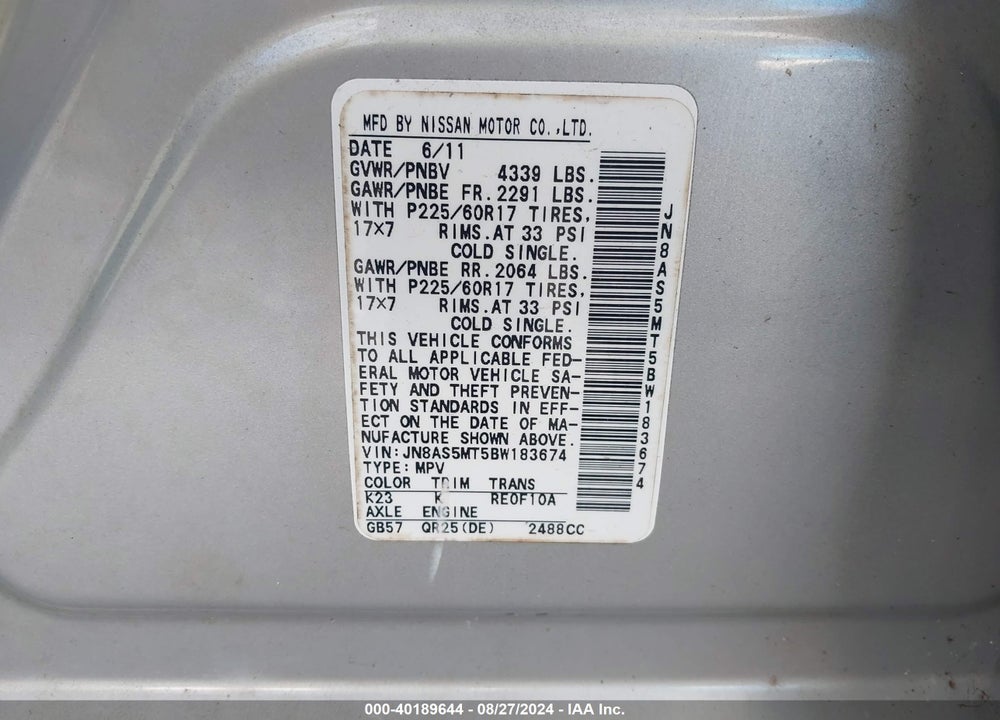 2011 NISSAN ROGUE SV VIN: JN8AS5MT5BW183674