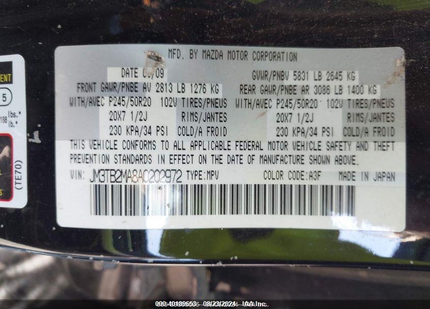 2010 MAZDA CX-9 VIN: JM3TB2MA8A0202972