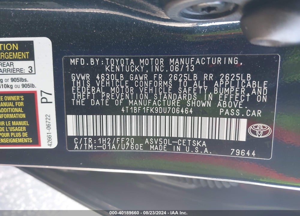 2013 TOYOTA CAMRY SE VIN: 4T1BF1FK9DU706464
