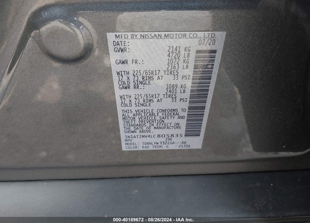 2020 NISSAN ROGUE S INTELLIGENT AWD VIN: 5N1AT2MV4LC805835