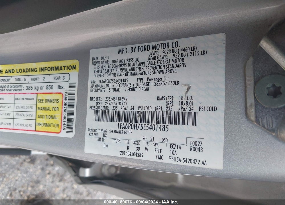 2014 FORD FUSION SE VIN: 1FA6P0H75E5401485