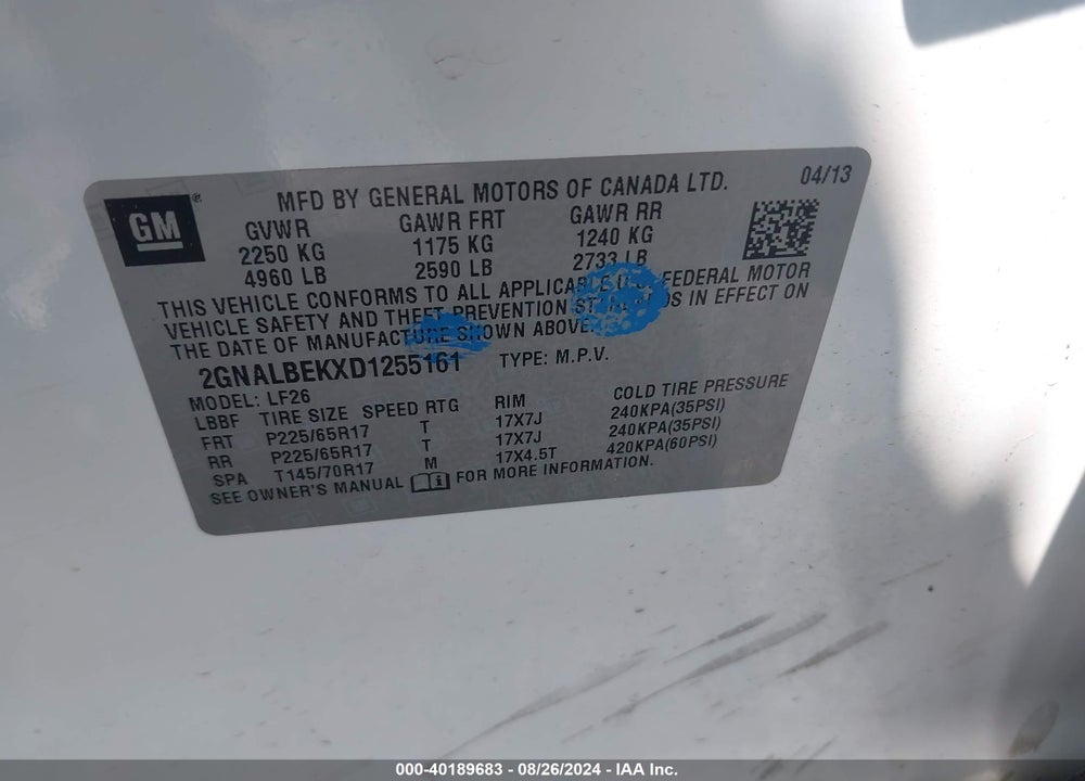 2013 CHEVROLET EQUINOX LS VIN: 2GNALBEKXD1255161