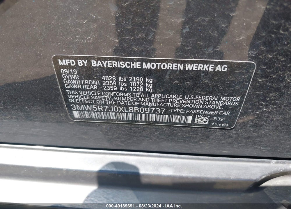 2020 BMW 330I XDRIVE VIN: 3MW5R7J0XL8B09737