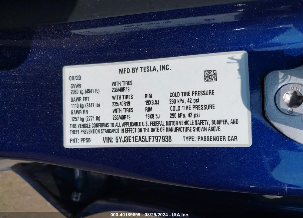 2020 TESLA MODEL 3 STANDARD RANGE PLUS REAR-WHEEL DRIVE/STANDARD RANGE REAR-WHEEL DRIVE VIN: 5YJ3E1EA5LF797938