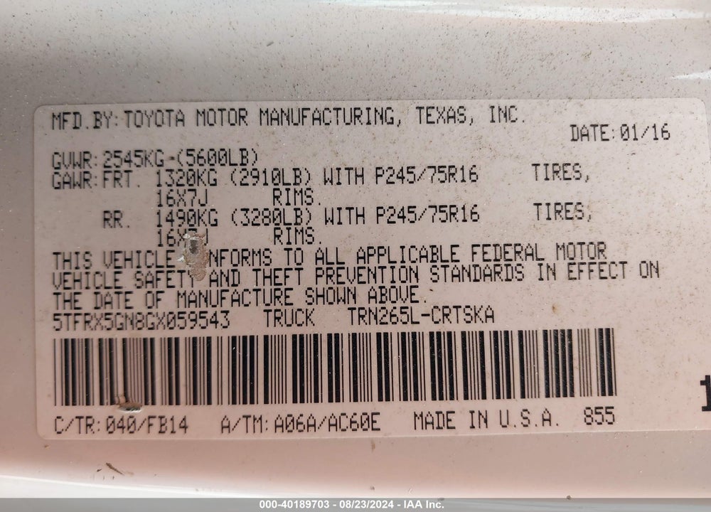 2016 TOYOTA TACOMA SR VIN: 5TFRX5GN8GX059543