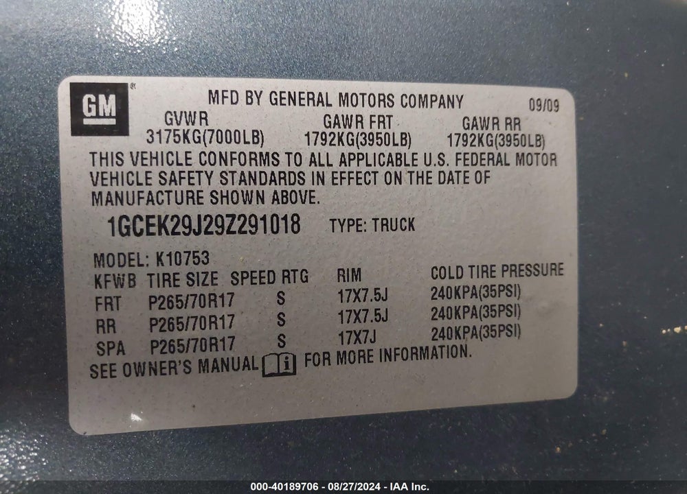2009 CHEVROLET SILVERADO 1500 VIN: 1GCEK29J29Z291018