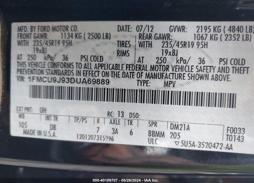 2013 FORD ESCAPE TITANIUM VIN: 1FMCU9J93DUA69889