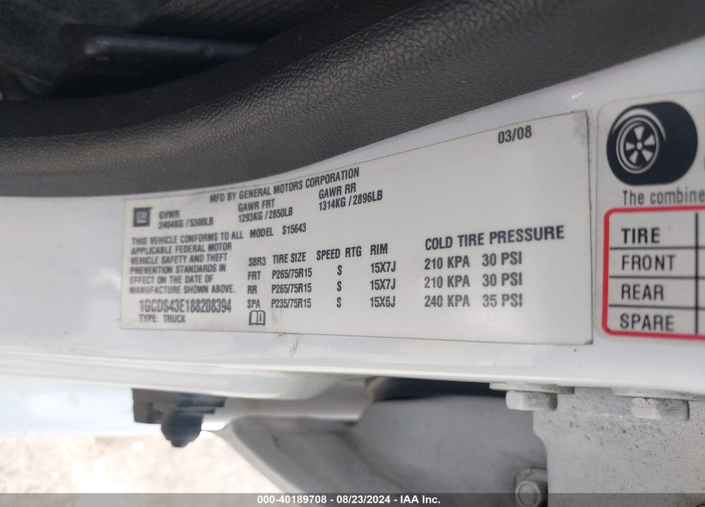 2008 CHEVROLET COLORADO LT VIN: 1GCDS43E188208394