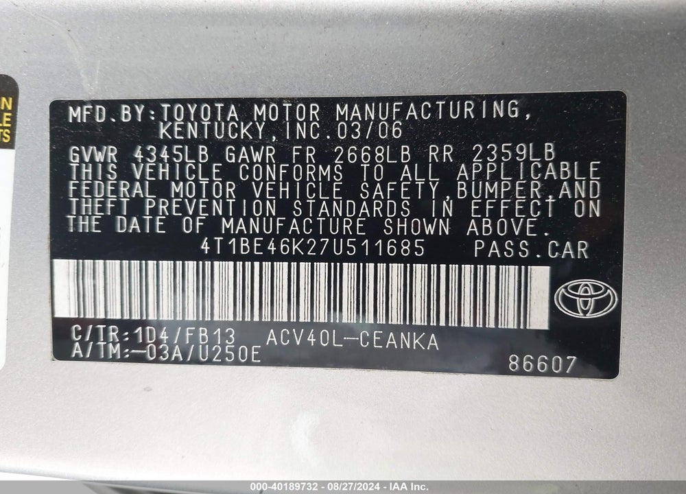 2007 TOYOTA CAMRY LE VIN: 4T1BE46K27U511685