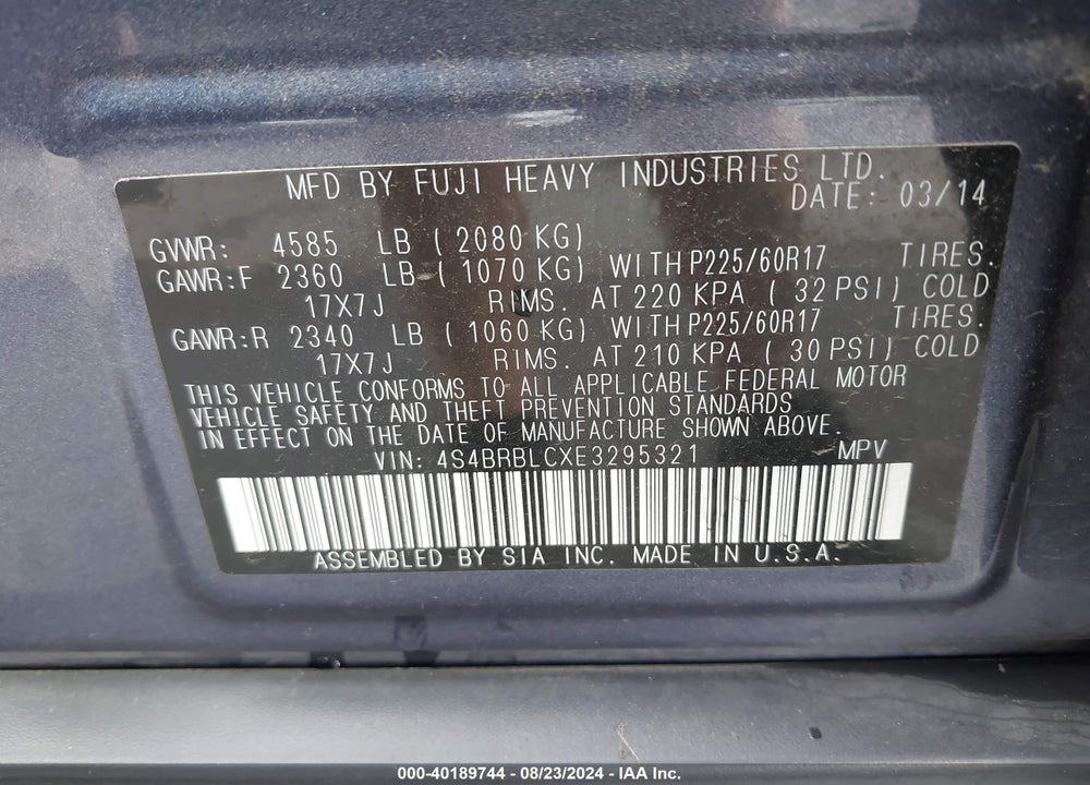 2014 SUBARU OUTBACK 2.5I LIMITED VIN: 4S4BRBLCXE3295321