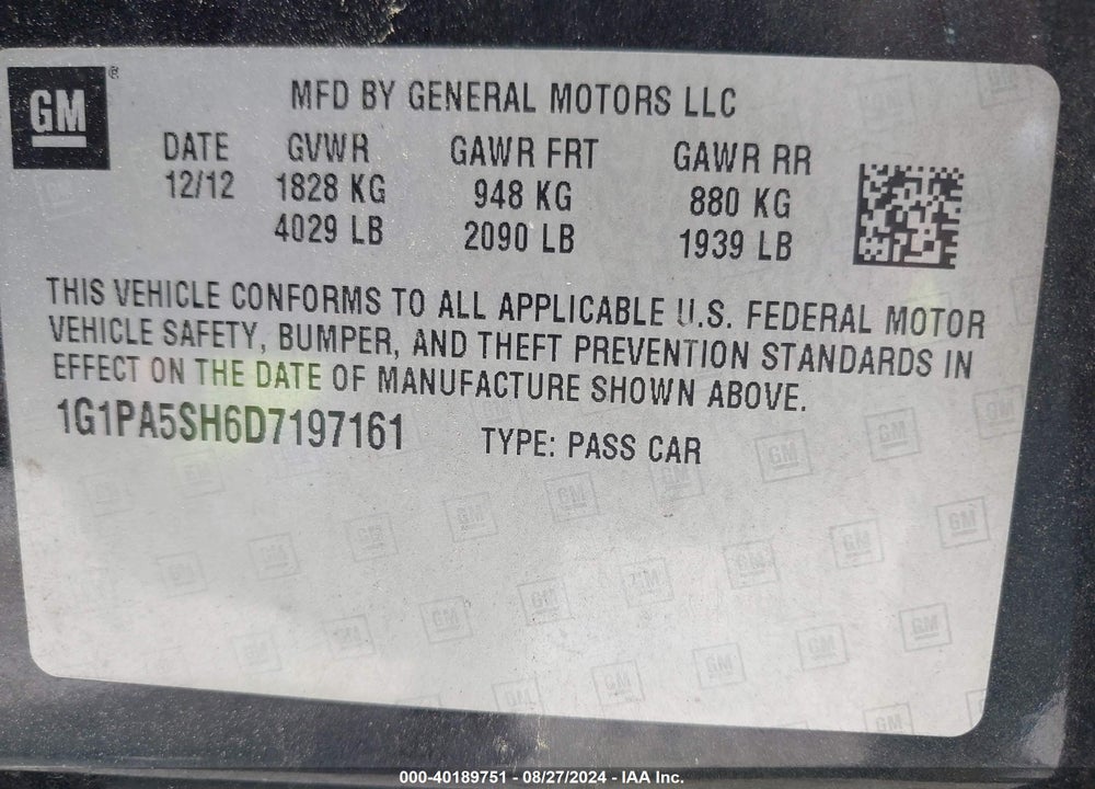 2013 CHEVROLET CRUZE LS AUTO VIN: 1G1PA5SH6D7197161