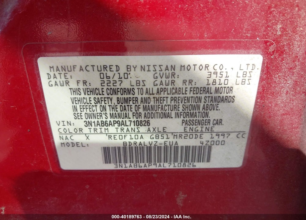 2010 NISSAN SENTRA VIN: 3N1AB6AP9AL710826