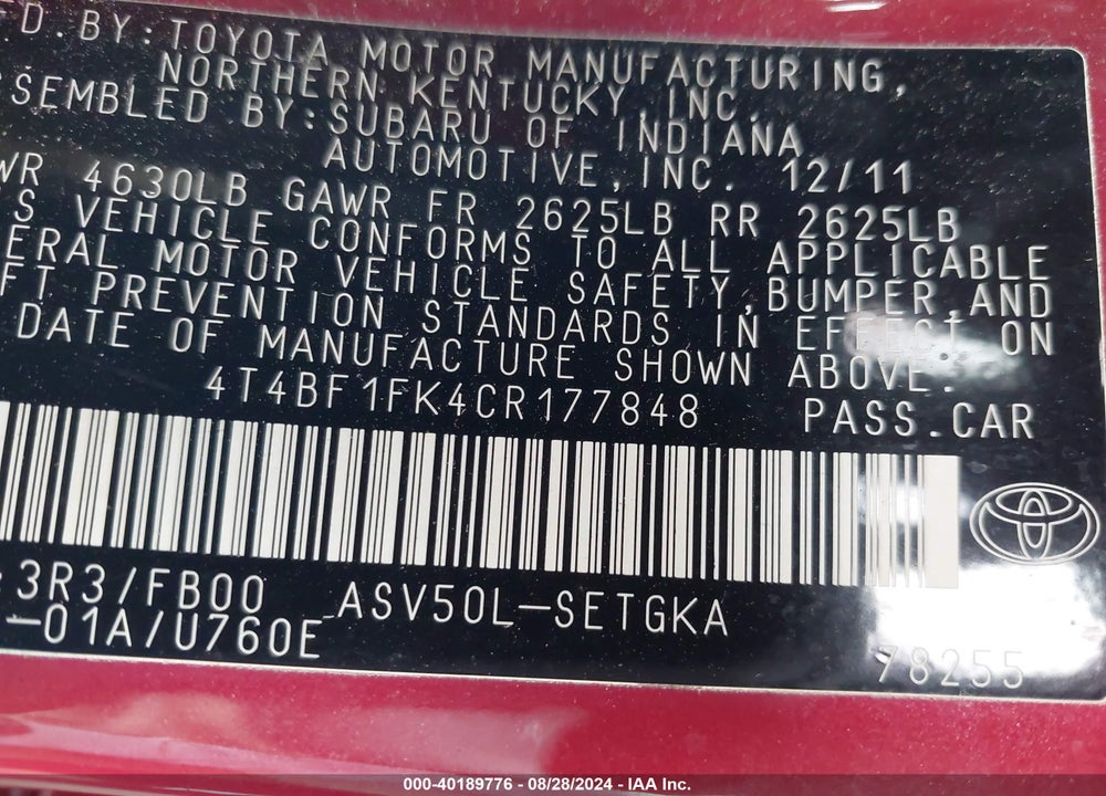 2012 TOYOTA CAMRY XLE VIN: 4T4BF1FK4CR177848