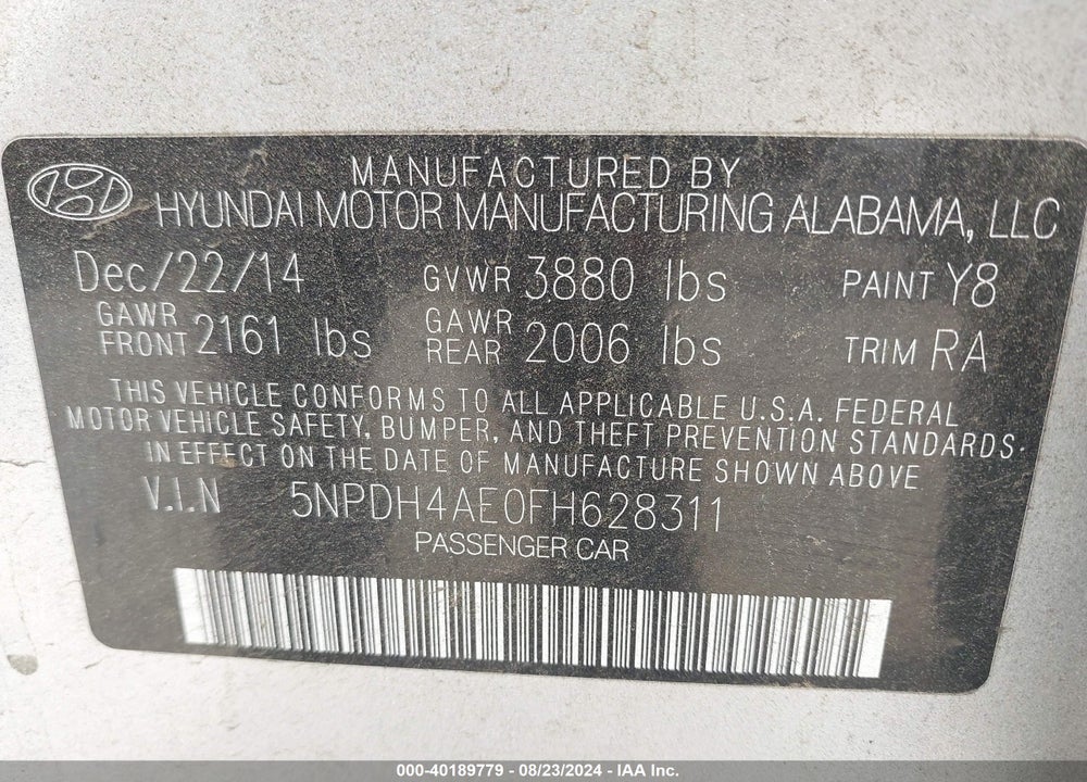 2015 HYUNDAI ELANTRA SE VIN: 5NPDH4AE0FH628311