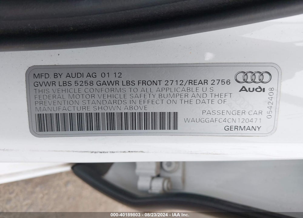 2012 AUDI A6 VIN: WAUGGAFC4CN120471